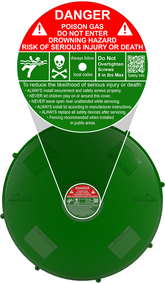 An example of a Danger warning sticker on a Tuf-Tite septic lid